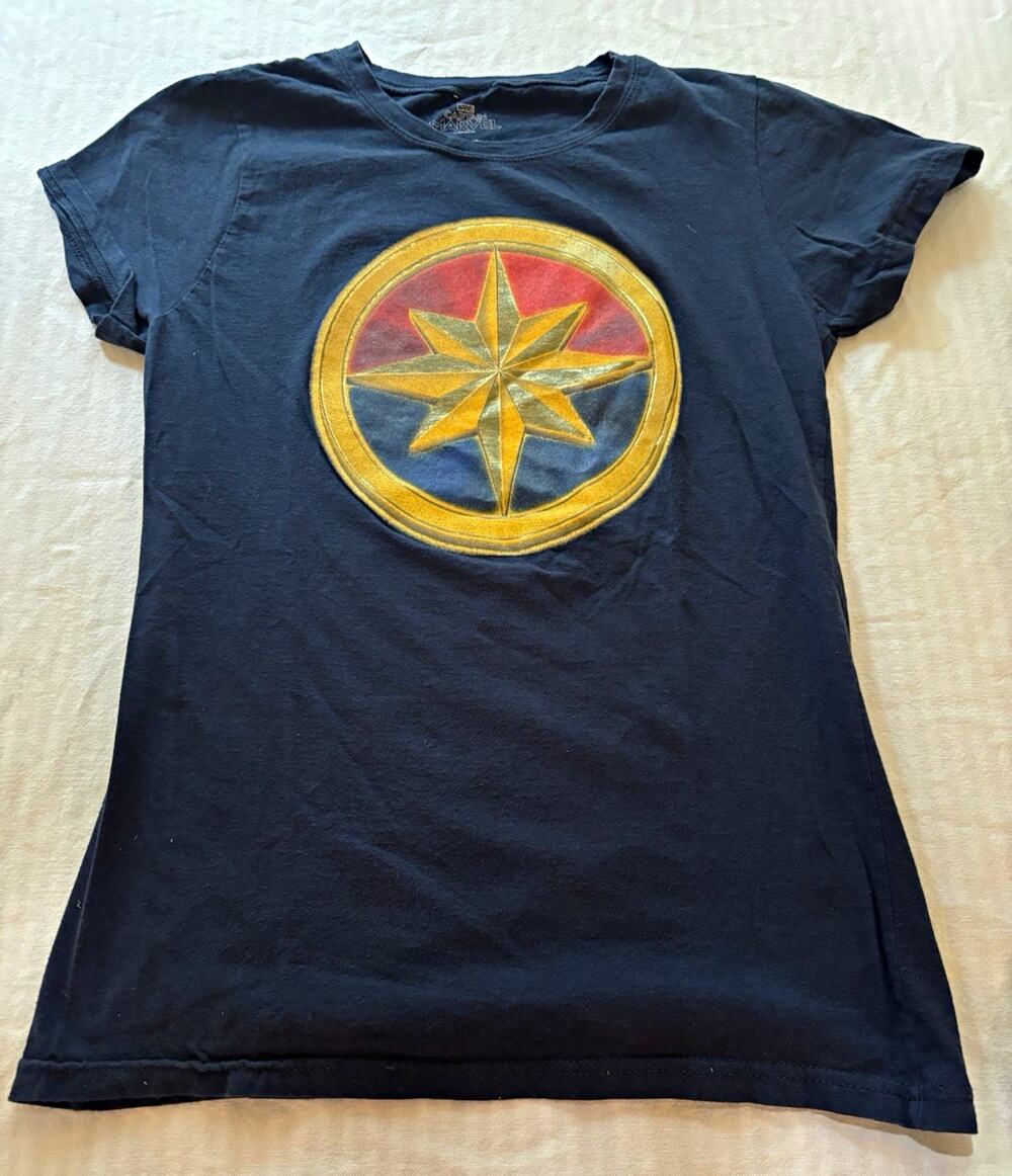 Marvel Captain Marvel Young Womens L Navy Graphic Logo Cotton Crew Neck T-Shirt